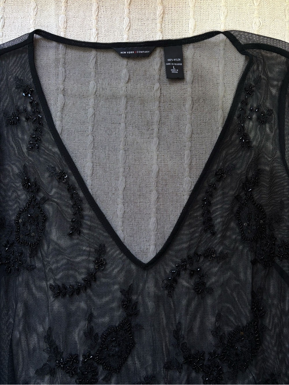 New York & Company Black Sheer Beaded Mesh Deep V-neck Top Whimsy Goth Y2K Large - Picture 5 of 11